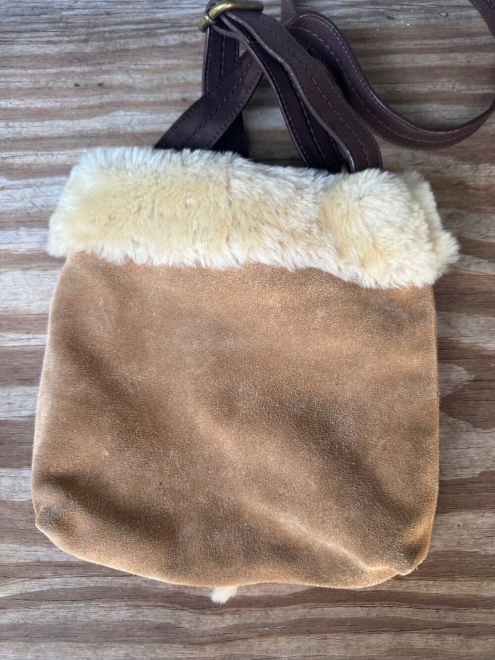 UGG Australia Sheepskin Crossbody Bag Chestnut Suede Sherpa Fur Small Purse - Picture 2 of 5